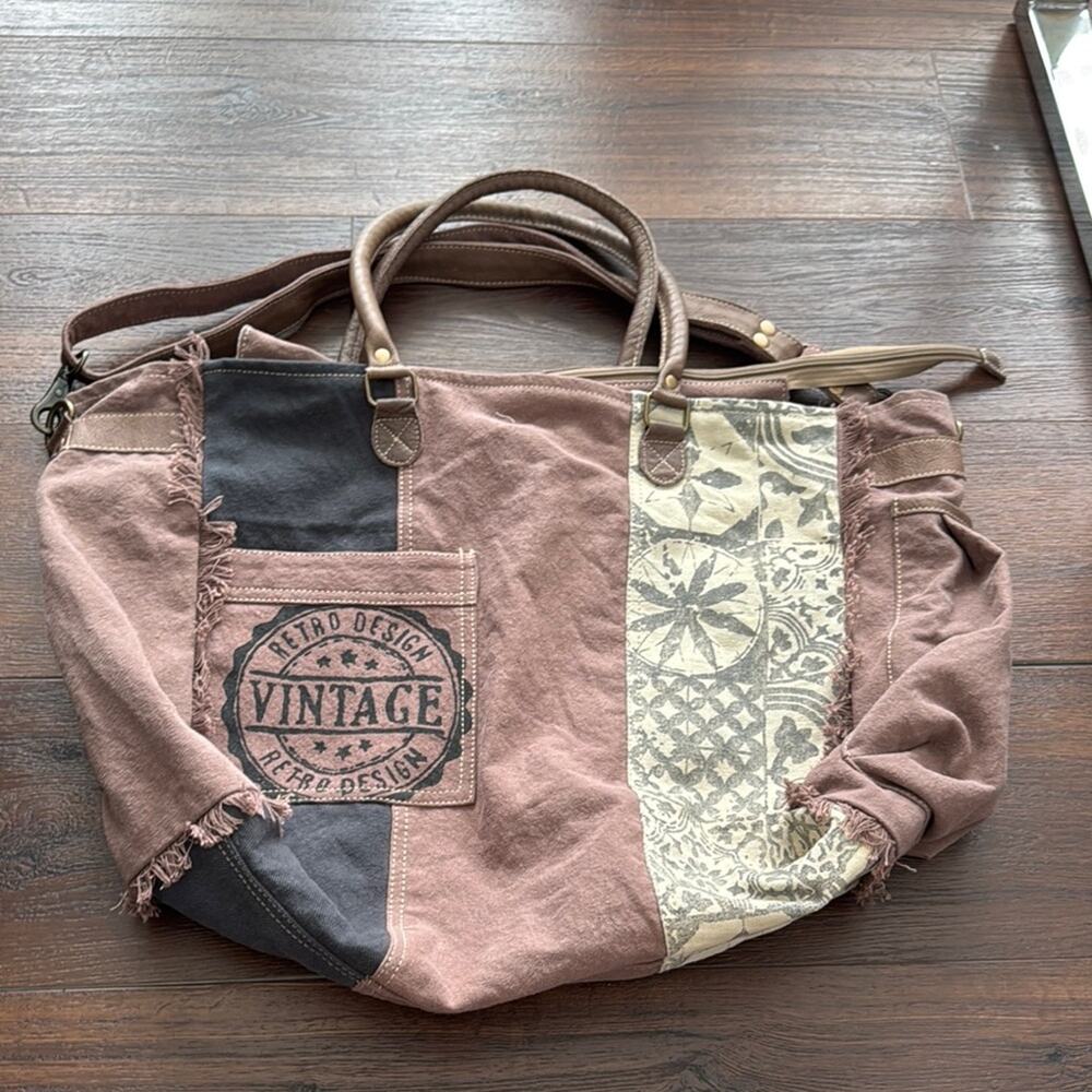Myra Bag Retro Print Patchwork Weekender Tote Bag with short/long Strap.